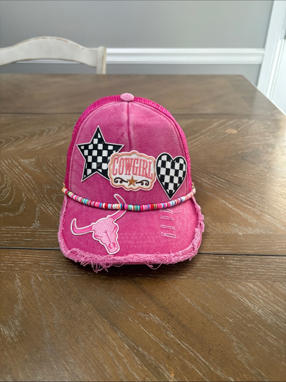 Distressed Pink Baseball Cowgirl Cap with Beaded Trim
